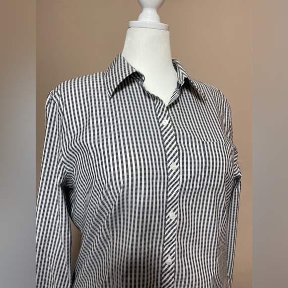 Foxcroft Tops - Foxcroft Navy Blue & White Vertical Stripe Button-Down Shirt